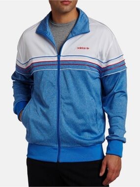 ADIDAS Track Jacket Full Zipper Two Pockets White Blue and Orange Stripe